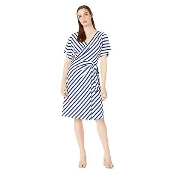 $135 Lauren Ralph Lauren Women's Blue Stripes Flutter Fit & Flare Dress Size 2P - Picture 1 of 6